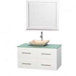 42 inch Single Bathroom Vanity in Matte White, Green Glass Countertop, Avalon Ivory Marble Sink, and 36 inch Mirror