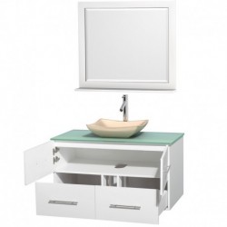 42 inch Single Bathroom Vanity in Matte White, Green Glass Countertop, Avalon Ivory Marble Sink, and 36 inch Mirror