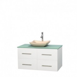 42 inch Single Bathroom Vanity in Matte White, Green Glass Countertop, Avalon Ivory Marble Sink, and No Mirror