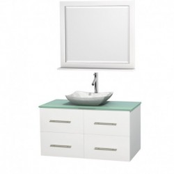42 inch Single Bathroom Vanity in Matte White, Green Glass Countertop, Avalon White Carrera Marble Sink, and 36 inch Mirror