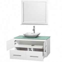 42 inch Single Bathroom Vanity in Matte White, Green Glass Countertop, Avalon White Carrera Marble Sink, and 36 inch Mirror