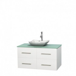 42 inch Single Bathroom Vanity in Matte White, Green Glass Countertop, Avalon White Carrera Marble Sink, and No Mirror