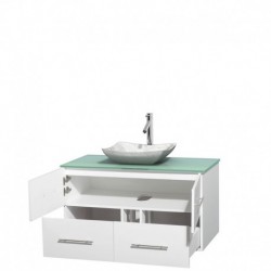 42 inch Single Bathroom Vanity in Matte White, Green Glass Countertop, Avalon White Carrera Marble Sink, and No Mirror