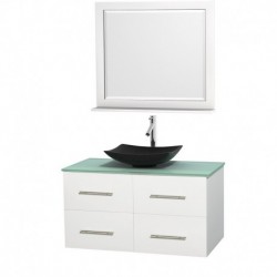 42 inch Single Bathroom Vanity in Matte White, Green Glass Countertop, Arista Black Granite Sink, and 36 inch Mirror