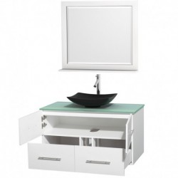 42 inch Single Bathroom Vanity in Matte White, Green Glass Countertop, Arista Black Granite Sink, and 36 inch Mirror