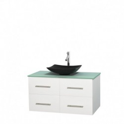 42 inch Single Bathroom Vanity in Matte White, Green Glass Countertop, Arista Black Granite Sink, and No Mirror