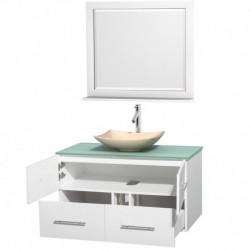 42 inch Single Bathroom Vanity in Matte White, Green Glass Countertop, Arista Ivory Marble Sink, and 36 inch Mirror