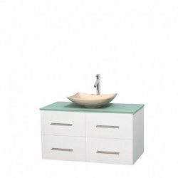 42 inch Single Bathroom Vanity in Matte White, Green Glass Countertop, Arista Ivory Marble Sink, and No Mirror