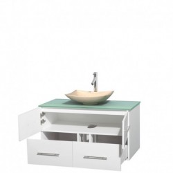 42 inch Single Bathroom Vanity in Matte White, Green Glass Countertop, Arista Ivory Marble Sink, and No Mirror