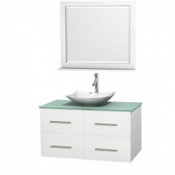 42 inch Single Bathroom Vanity in Matte White, Green Glass Countertop, Arista White Carrera Marble Sink, and 36 inch Mirror