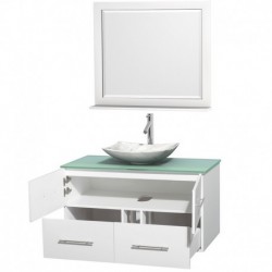 42 inch Single Bathroom Vanity in Matte White, Green Glass Countertop, Arista White Carrera Marble Sink, and 36 inch Mirror