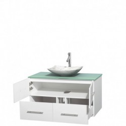 42 inch Single Bathroom Vanity in Matte White, Green Glass Countertop, Arista White Carrera Marble Sink, and No Mirror