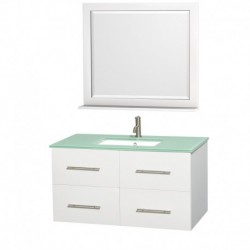42 inch Single Bathroom Vanity in Matte White, Green Glass Countertop, Undermount Square Sink, and 36 inch Mirror