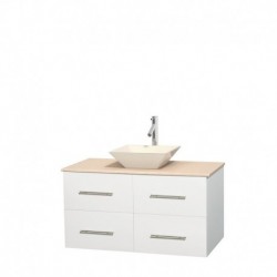 42 inch Single Bathroom Vanity in Matte White, Ivory Marble Countertop, Pyra Bone Porcelain Sink, and No Mirror