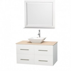 42 inch Single Bathroom Vanity in Matte White, Ivory Marble Countertop, Pyra White Porcelain Sink, and 36 inch Mirror