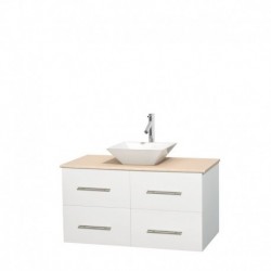 42 inch Single Bathroom Vanity in Matte White, Ivory Marble Countertop, Pyra White Porcelain Sink, and No Mirror