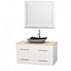 42 inch Single Bathroom Vanity in Matte White, Ivory Marble Countertop, Altair Black Granite Sink, and 36 inch Mirror