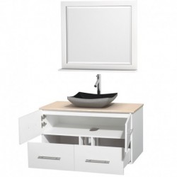 42 inch Single Bathroom Vanity in Matte White, Ivory Marble Countertop, Altair Black Granite Sink, and 36 inch Mirror
