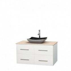 42 inch Single Bathroom Vanity in Matte White, Ivory Marble Countertop, Altair Black Granite Sink, and No Mirror