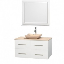 42 inch Single Bathroom Vanity in Matte White, Ivory Marble Countertop, Avalon Ivory Marble Sink, and 36 inch Mirror