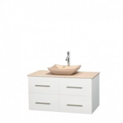 42 inch Single Bathroom Vanity in Matte White, Ivory Marble Countertop, Avalon Ivory Marble Sink, and No Mirror