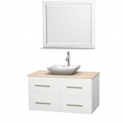 42 inch Single Bathroom Vanity in Matte White, Ivory Marble Countertop, Avalon White Carrera Marble Sink, and 36 inch Mirror