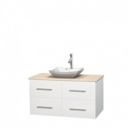 42 inch Single Bathroom Vanity in Matte White, Ivory Marble Countertop, Avalon White Carrera Marble Sink, and No Mirror