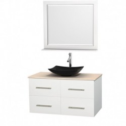 42 inch Single Bathroom Vanity in Matte White, Ivory Marble Countertop, Arista Black Granite Sink, and 36 inch Mirror