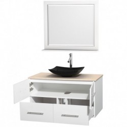 42 inch Single Bathroom Vanity in Matte White, Ivory Marble Countertop, Arista Black Granite Sink, and 36 inch Mirror