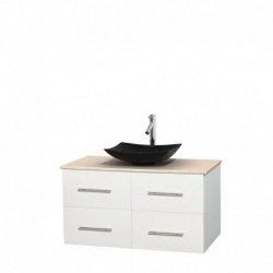 42 inch Single Bathroom Vanity in Matte White, Ivory Marble Countertop, Arista Black Granite Sink, and No Mirror