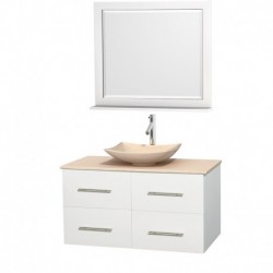 42 inch Single Bathroom Vanity in Matte White, Ivory Marble Countertop, Arista Ivory Marble Sink, and 36 inch Mirror