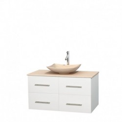 42 inch Single Bathroom Vanity in Matte White, Ivory Marble Countertop, Arista Ivory Marble Sink, and No Mirror