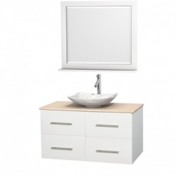 42 inch Single Bathroom Vanity in Matte White, Ivory Marble Countertop, Arista White Carrera Marble Sink, and 36 inch Mirror