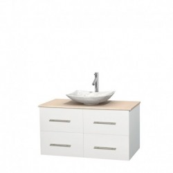 42 inch Single Bathroom Vanity in Matte White, Ivory Marble Countertop, Arista White Carrera Marble Sink, and No Mirror
