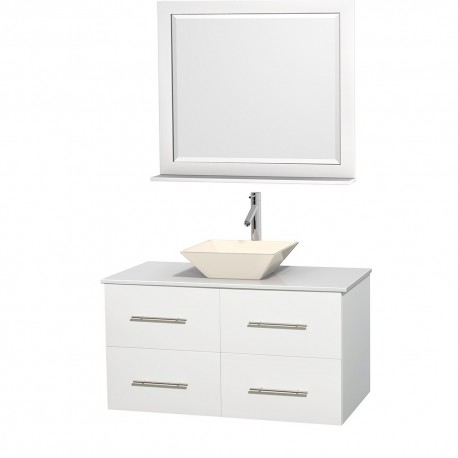 42 inch Single Bathroom Vanity in Matte White, White Man-Made Stone Countertop, Pyra Bone Porcelain Sink, and 36 inch Mirror