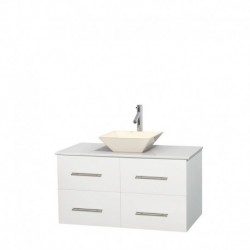 42 inch Single Bathroom Vanity in Matte White, White Man-Made Stone Countertop, Pyra Bone Porcelain Sink, and No Mirror