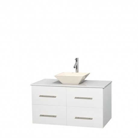 42 inch Single Bathroom Vanity in Matte White, White Man-Made Stone Countertop, Pyra Bone Porcelain Sink, and No Mirror