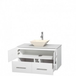 42 inch Single Bathroom Vanity in Matte White, White Man-Made Stone Countertop, Pyra Bone Porcelain Sink, and No Mirror