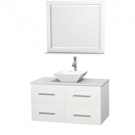 42 inch Single Bathroom Vanity in Matte White, White Man-Made Stone Countertop, Pyra White Porcelain Sink, and 36 inch Mirror