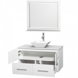 42 inch Single Bathroom Vanity in Matte White, White Man-Made Stone Countertop, Pyra White Porcelain Sink, and 36 inch Mirror