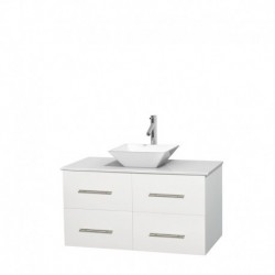 42 inch Single Bathroom Vanity in Matte White, White Man-Made Stone Countertop, Pyra White Porcelain Sink, and No Mirror