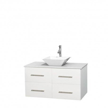 42 inch Single Bathroom Vanity in Matte White, White Man-Made Stone Countertop, Pyra White Porcelain Sink, and No Mirror