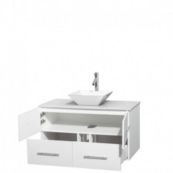 42 inch Single Bathroom Vanity in Matte White, White Man-Made Stone Countertop, Pyra White Porcelain Sink, and No Mirror