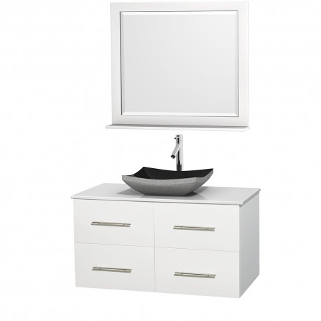 42 inch Single Bathroom Vanity in Matte White, White Man-Made Stone Countertop, Altair Black Granite Sink, and 36 inch Mirror