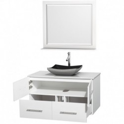42 inch Single Bathroom Vanity in Matte White, White Man-Made Stone Countertop, Altair Black Granite Sink, and 36 inch Mirror