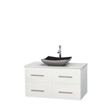 42 inch Single Bathroom Vanity in Matte White, White Man-Made Stone Countertop, Altair Black Granite Sink, and No Mirror