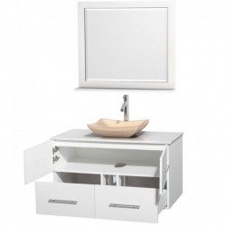 42 inch Single Bathroom Vanity in Matte White, White Man-Made Stone Countertop, Avalon Ivory Marble Sink, and 36 inch Mirror