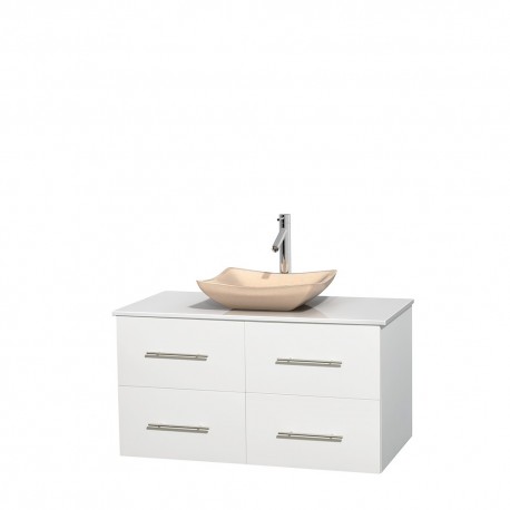 42 inch Single Bathroom Vanity in Matte White, White Man-Made Stone Countertop, Avalon Ivory Marble Sink, and No Mirror