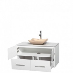 42 inch Single Bathroom Vanity in Matte White, White Man-Made Stone Countertop, Avalon Ivory Marble Sink, and No Mirror