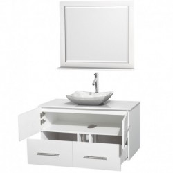 42 inch Single Bathroom Vanity in Matte White, White Man-Made Stone Countertop, Avalon White Carrera Marble Sink, and 36 inch M